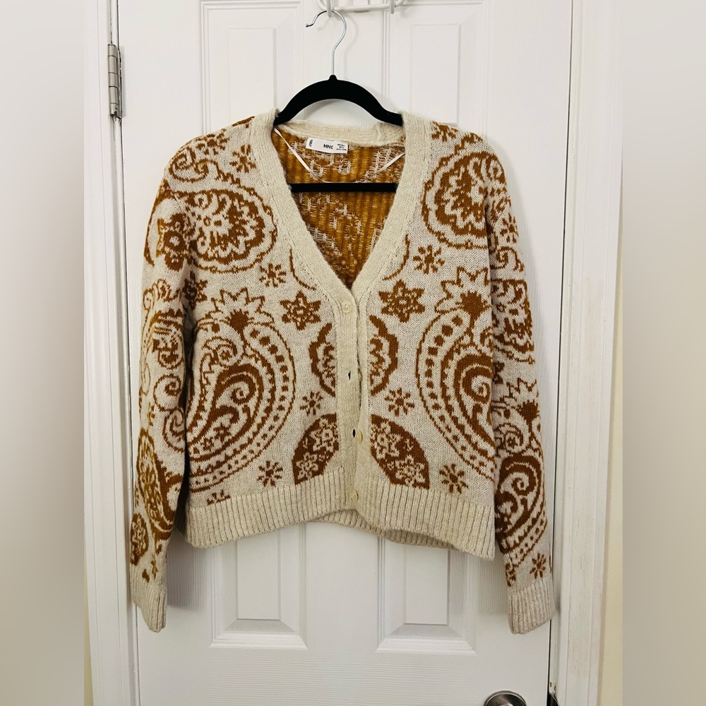 MANGO Paisley Brown and White Cardigan Size L